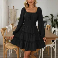 🌼 Square Neck Boho Mini Dress – Smocked Waist & Ruffle Details 💛