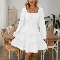 🌼 Square Neck Boho Mini Dress – Smocked Waist & Ruffle Details 💛