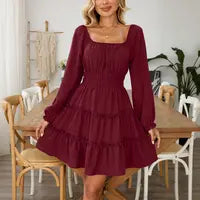 🌼 Square Neck Boho Mini Dress – Smocked Waist & Ruffle Details 💛