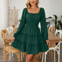🌼 Square Neck Boho Mini Dress – Smocked Waist & Ruffle Details 💛