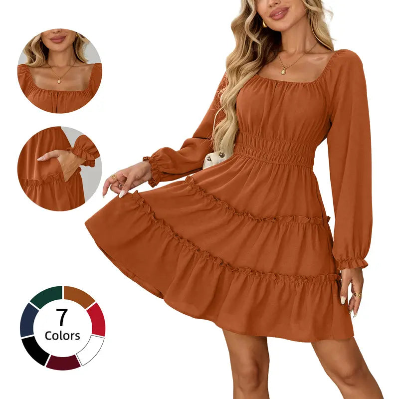 🌼 Square Neck Boho Mini Dress – Smocked Waist & Ruffle Details 💛