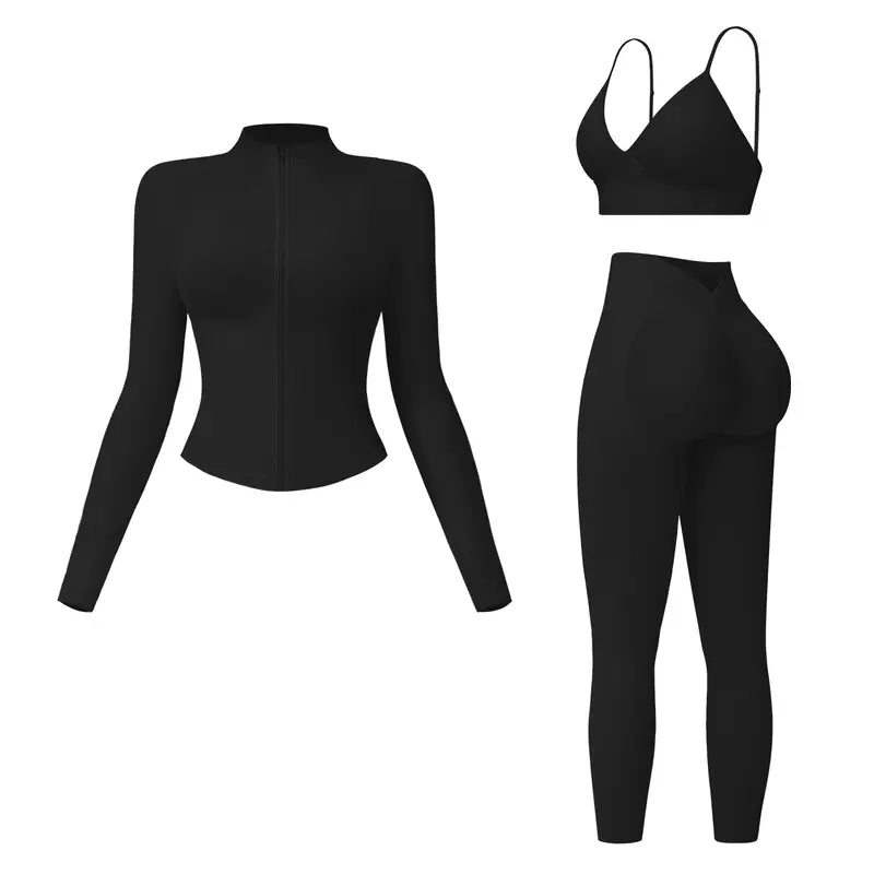 💪 3-Piece Activewear Set – Criss Cross Top, High Waist Leggings & Crop Jacket ✨