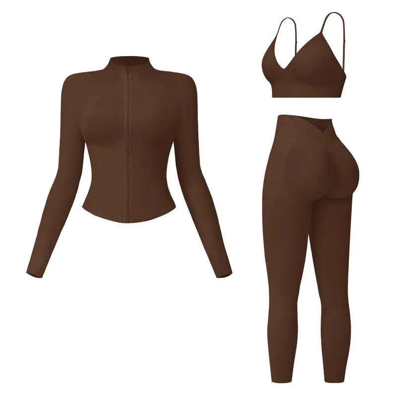 💪 3-Piece Activewear Set – Criss Cross Top, High Waist Leggings & Crop Jacket ✨