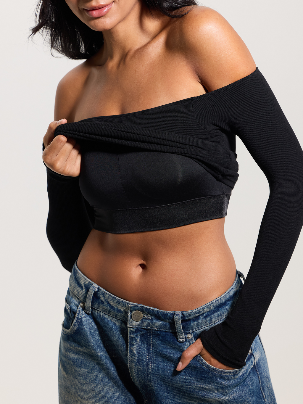 👗 Ribbed Off-Shoulder Crop Brami Top 💫 Soft, Stretchy & Elegant Fit