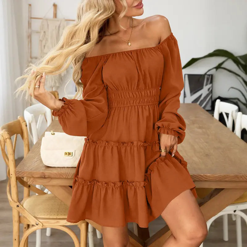 🌼 Square Neck Boho Mini Dress – Smocked Waist & Ruffle Details 💛