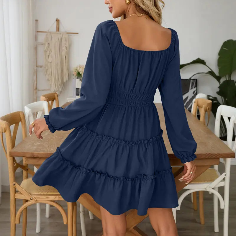 🌼 Square Neck Boho Mini Dress – Smocked Waist & Ruffle Details 💛