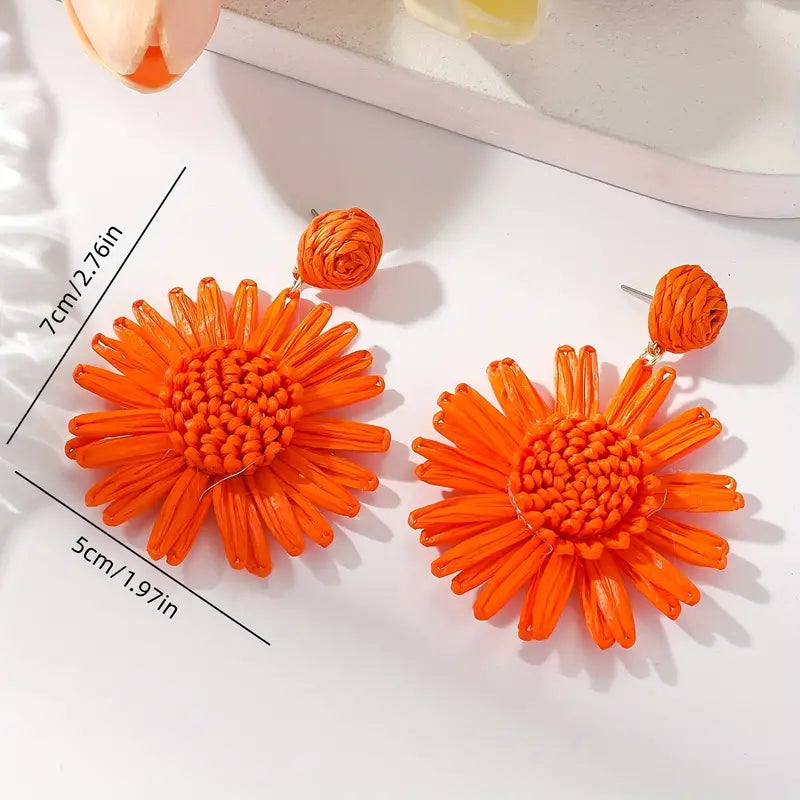 Boucles d'oreilles pendantes en raphia tissé à la main, motif tournesol