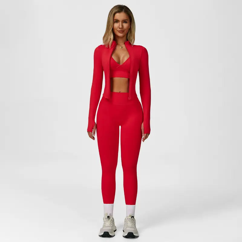 💪 3-teiliges Sportbekleidungsset – Top mit gekreuzten Trägern, Leggings mit hohem Bund und kurze Jacke ✨