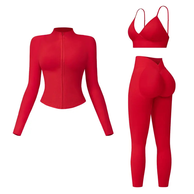 💪 3-teiliges Sportbekleidungsset – Top mit gekreuzten Trägern, Leggings mit hohem Bund und kurze Jacke ✨