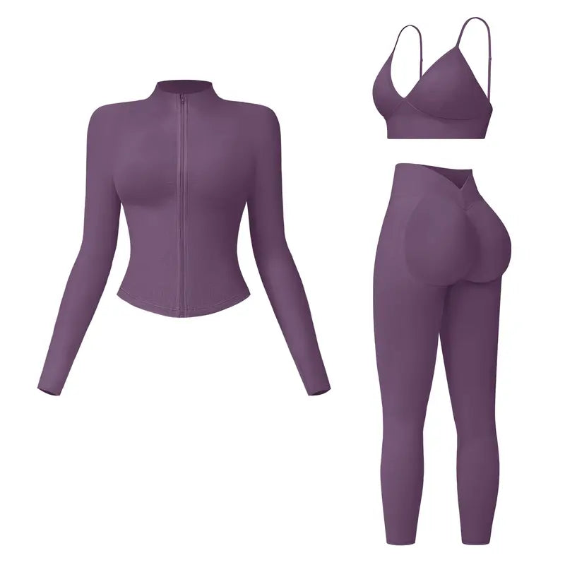💪 3-Piece Activewear Set – Criss Cross Top, High Waist Leggings & Crop Jacket ✨