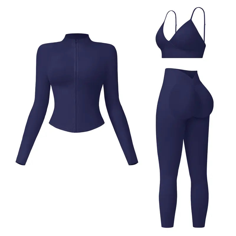 💪 3-Piece Activewear Set – Criss Cross Top, High Waist Leggings & Crop Jacket ✨