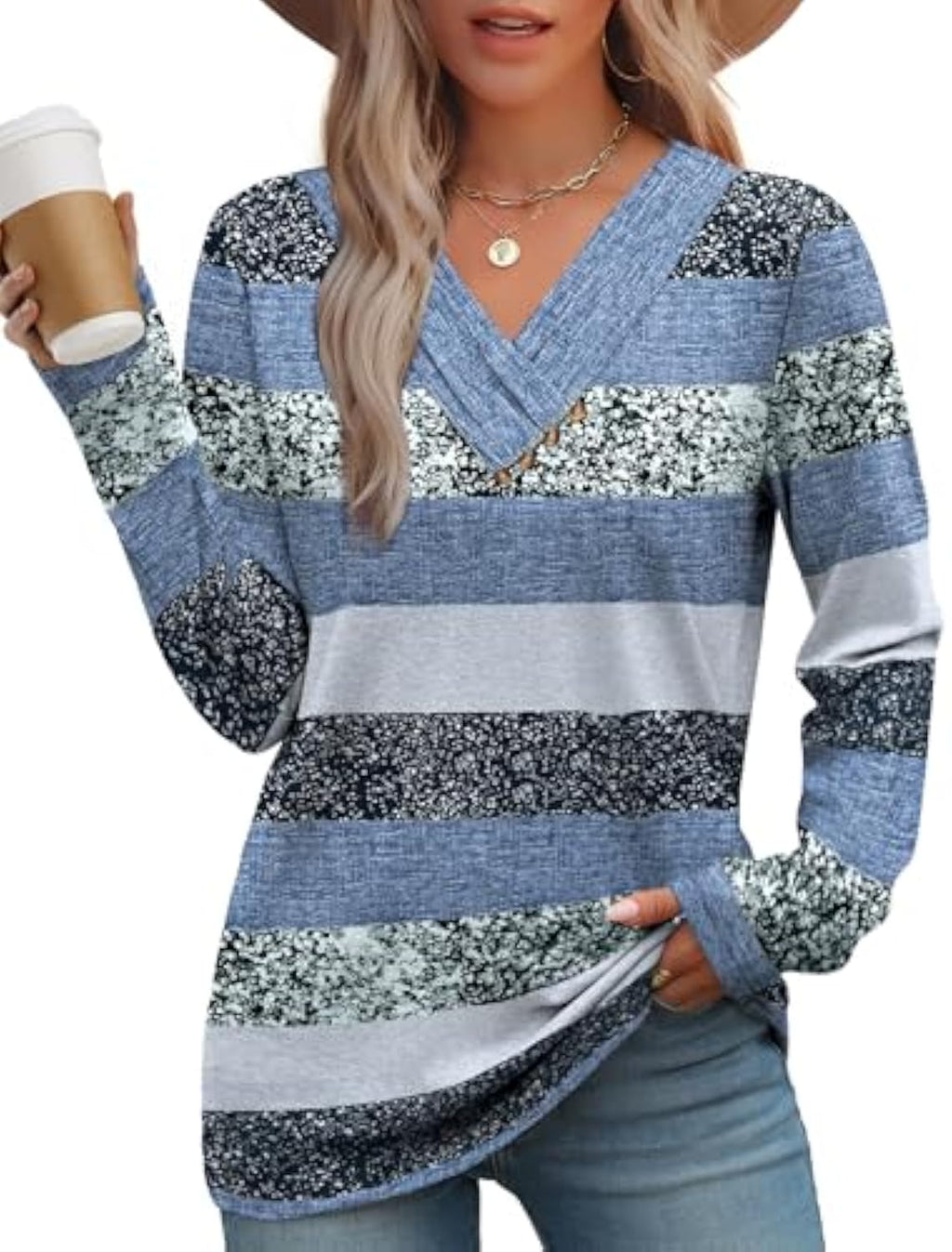 WIHOLL Langarmshirts für Damen, Herbstoutfits, V-Ausschnitt-T-Shirts, Tunika-Tops mit Knopfleiste, Modebekleidung