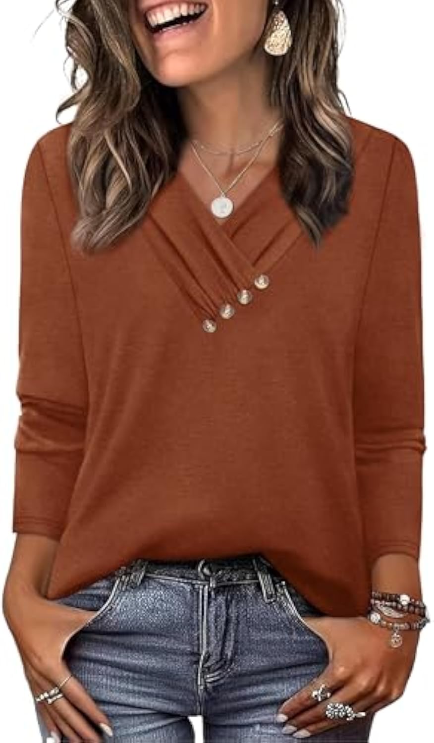 WIHOLL Langarmshirts für Damen, Herbstoutfits, V-Ausschnitt-T-Shirts, Tunika-Tops mit Knopfleiste, Modebekleidung