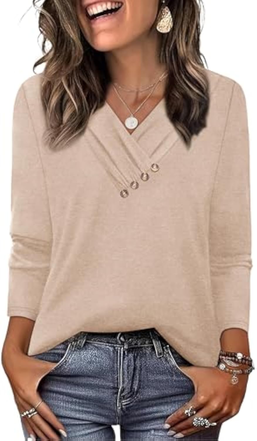 WIHOLL Langarmshirts für Damen, Herbstoutfits, V-Ausschnitt-T-Shirts, Tunika-Tops mit Knopfleiste, Modebekleidung