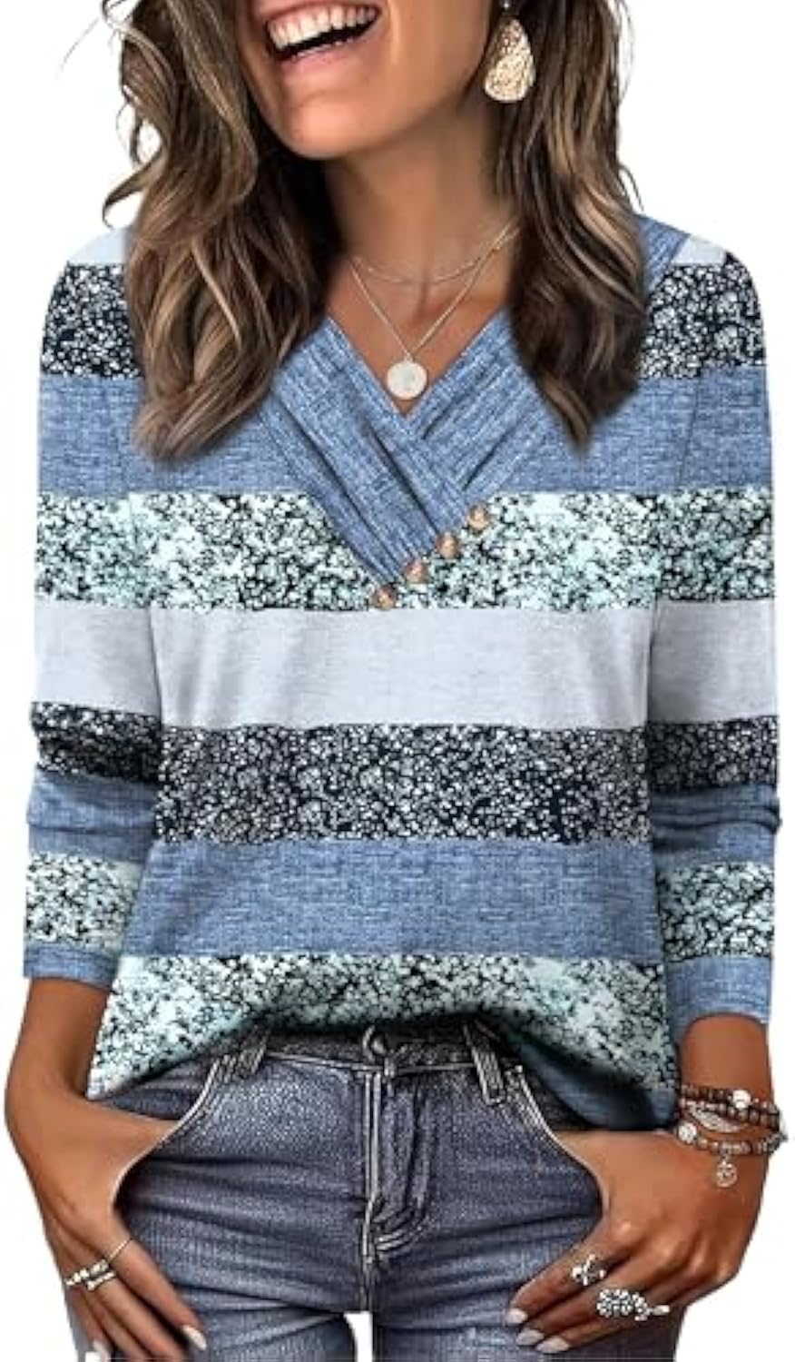 WIHOLL Langarmshirts für Damen, Herbstoutfits, V-Ausschnitt-T-Shirts, Tunika-Tops mit Knopfleiste, Modebekleidung