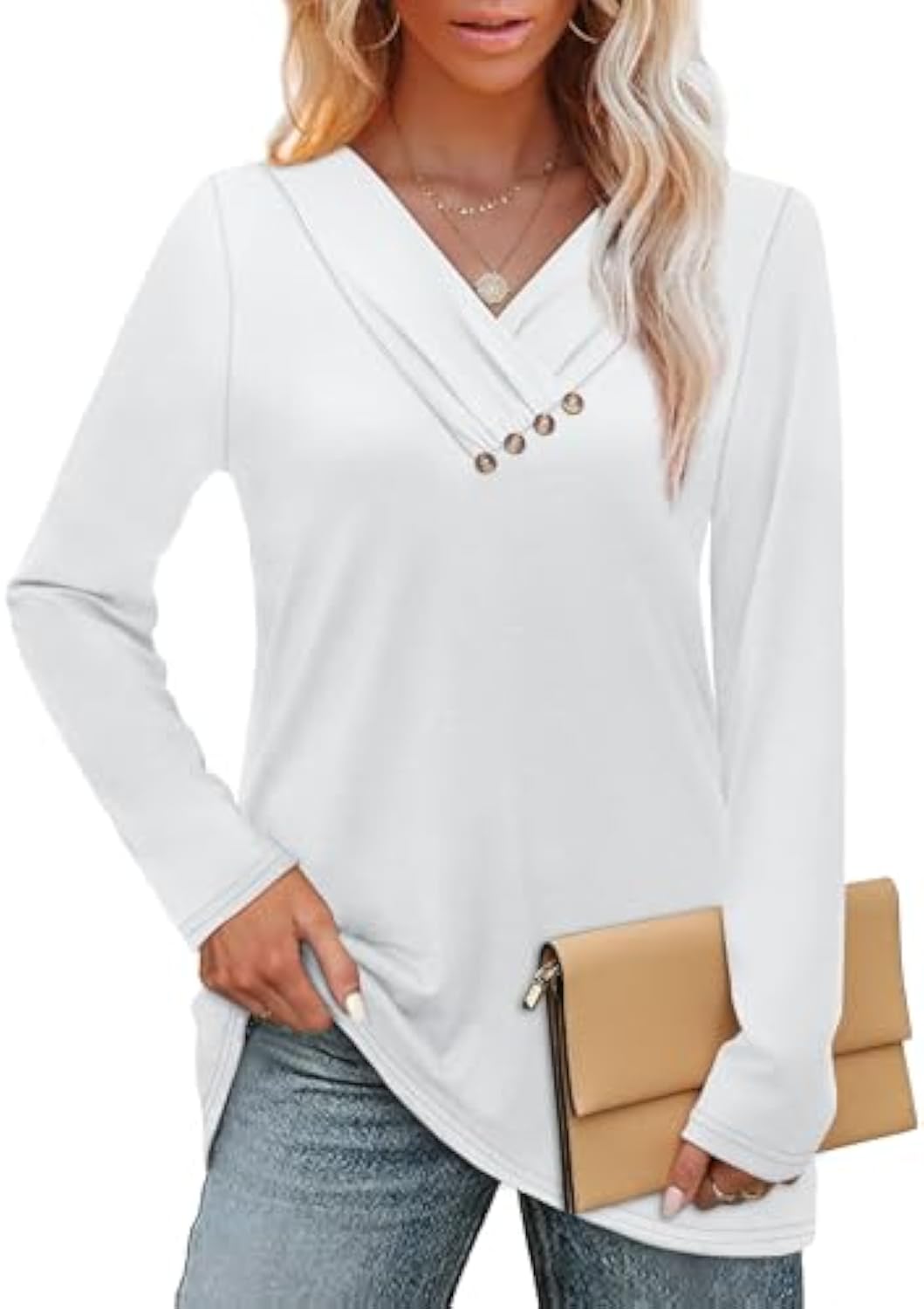 WIHOLL Long Sleeve Shirts for Women Fall Outfits V Neck T Shirts Button Down Tunic Tops Fashion Clothing