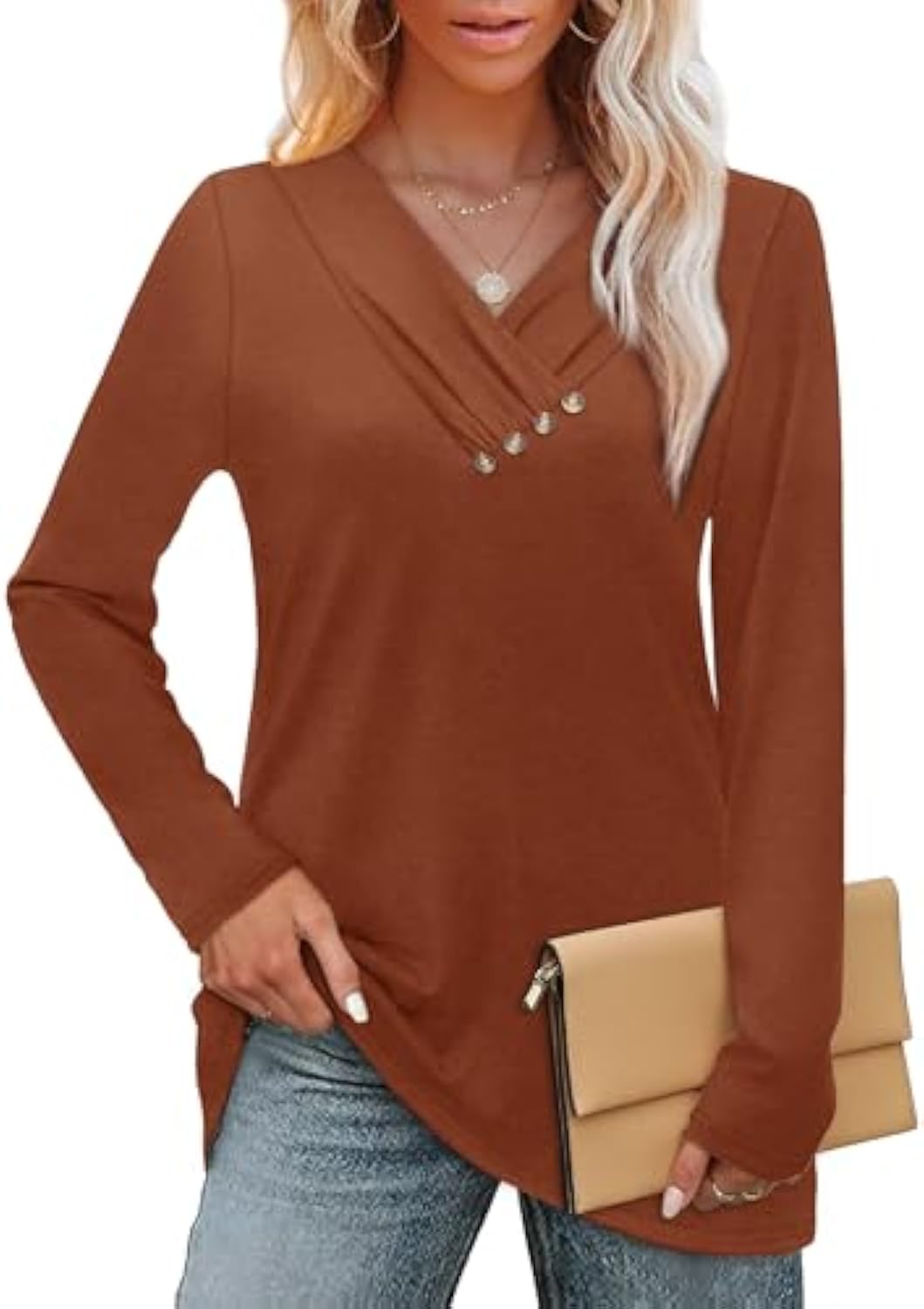 WIHOLL Long Sleeve Shirts for Women Fall Outfits V Neck T Shirts Button Down Tunic Tops Fashion Clothing