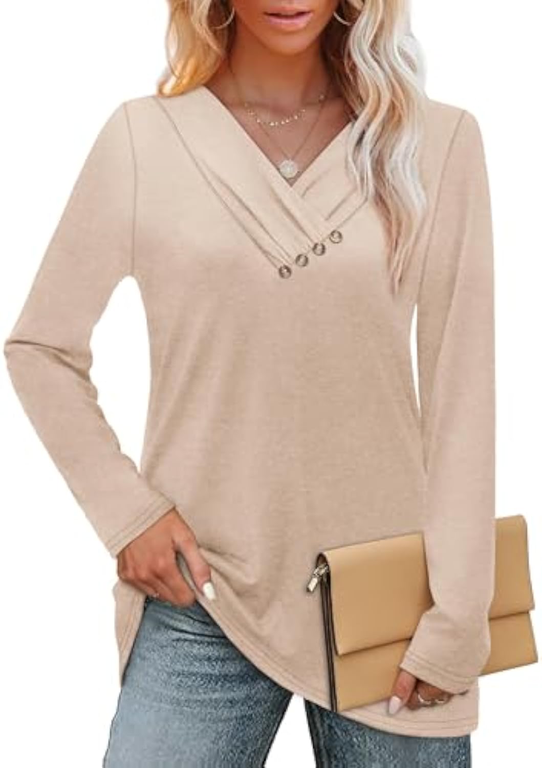 WIHOLL Long Sleeve Shirts for Women Fall Outfits V Neck T Shirts Button Down Tunic Tops Fashion Clothing