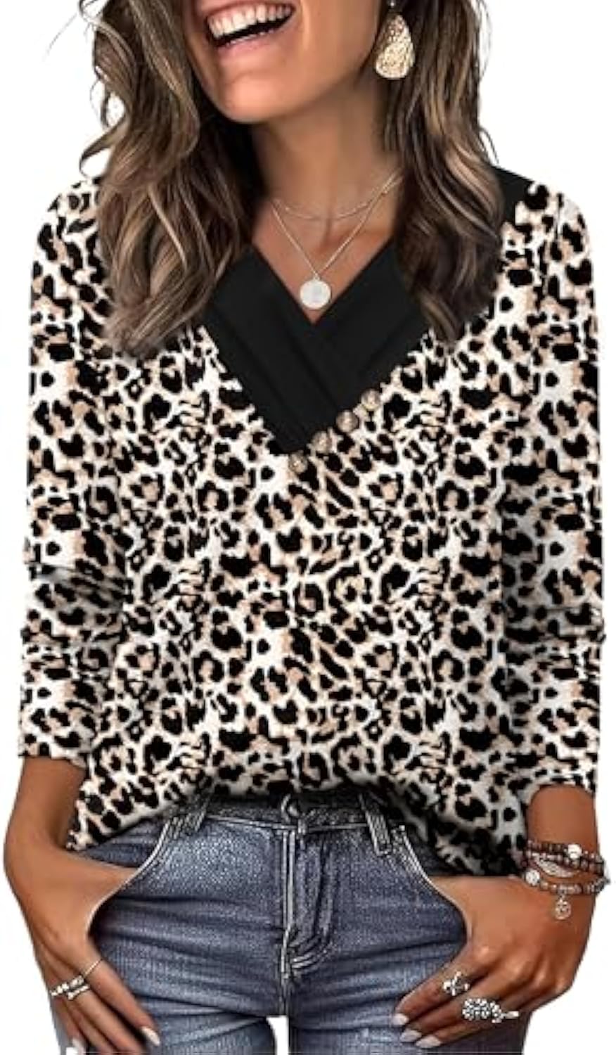 WIHOLL Long Sleeve Shirts for Women Fall Outfits V Neck T Shirts Button Down Tunic Tops Fashion Clothing