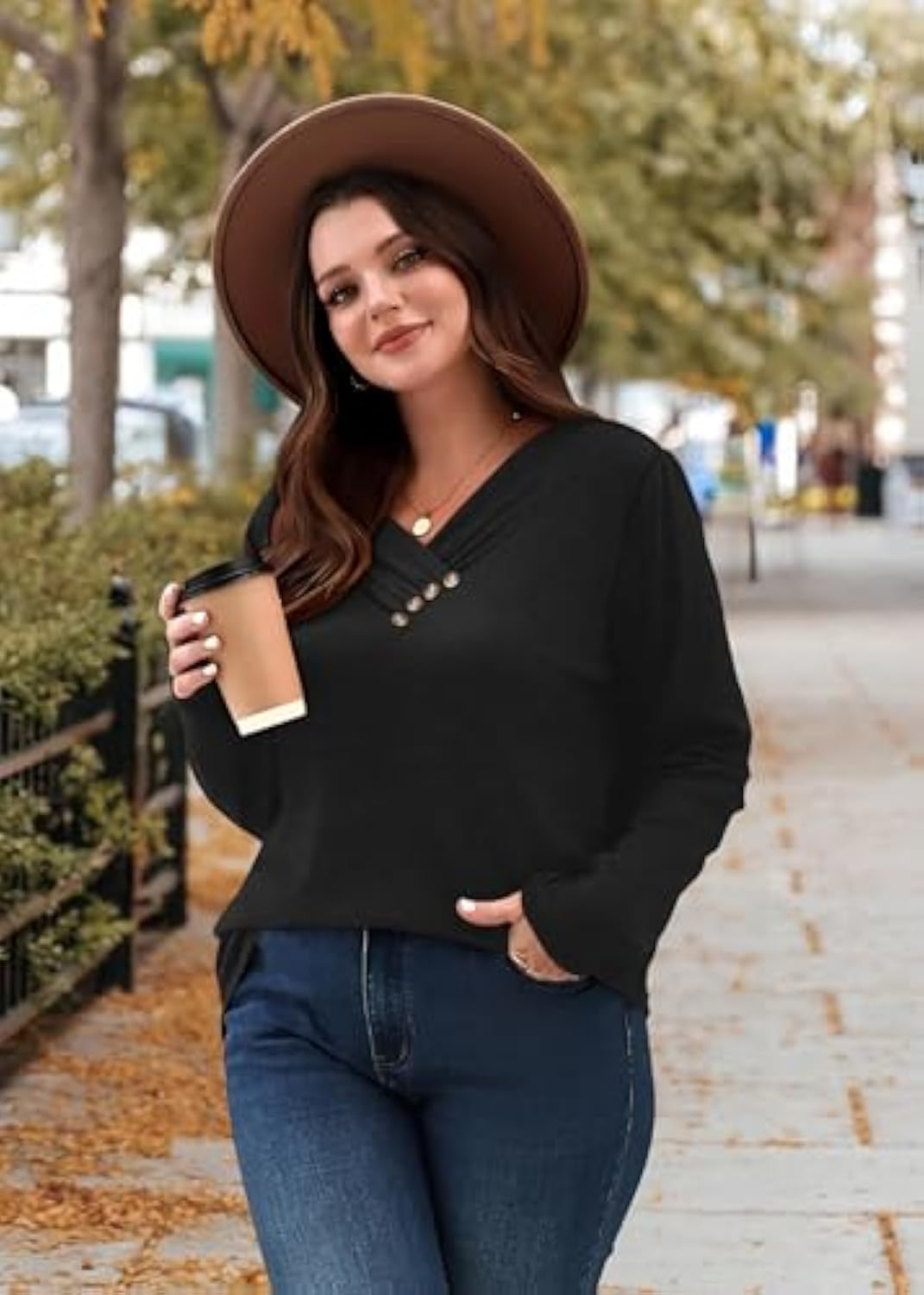 WIHOLL Langarmshirts für Damen, Herbstoutfits, V-Ausschnitt-T-Shirts, Tunika-Tops mit Knopfleiste, Modebekleidung